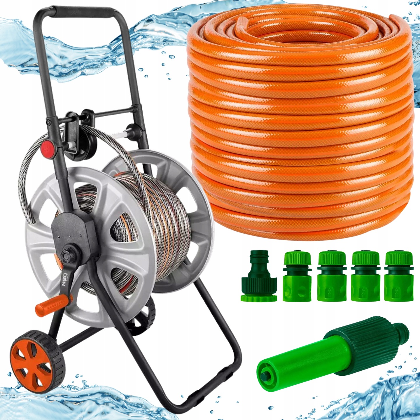 Neo Wąż Ogrodowy Mocny 50m 1/2" na Bębnie Metalowym Zraszacz Złączki Zestaw