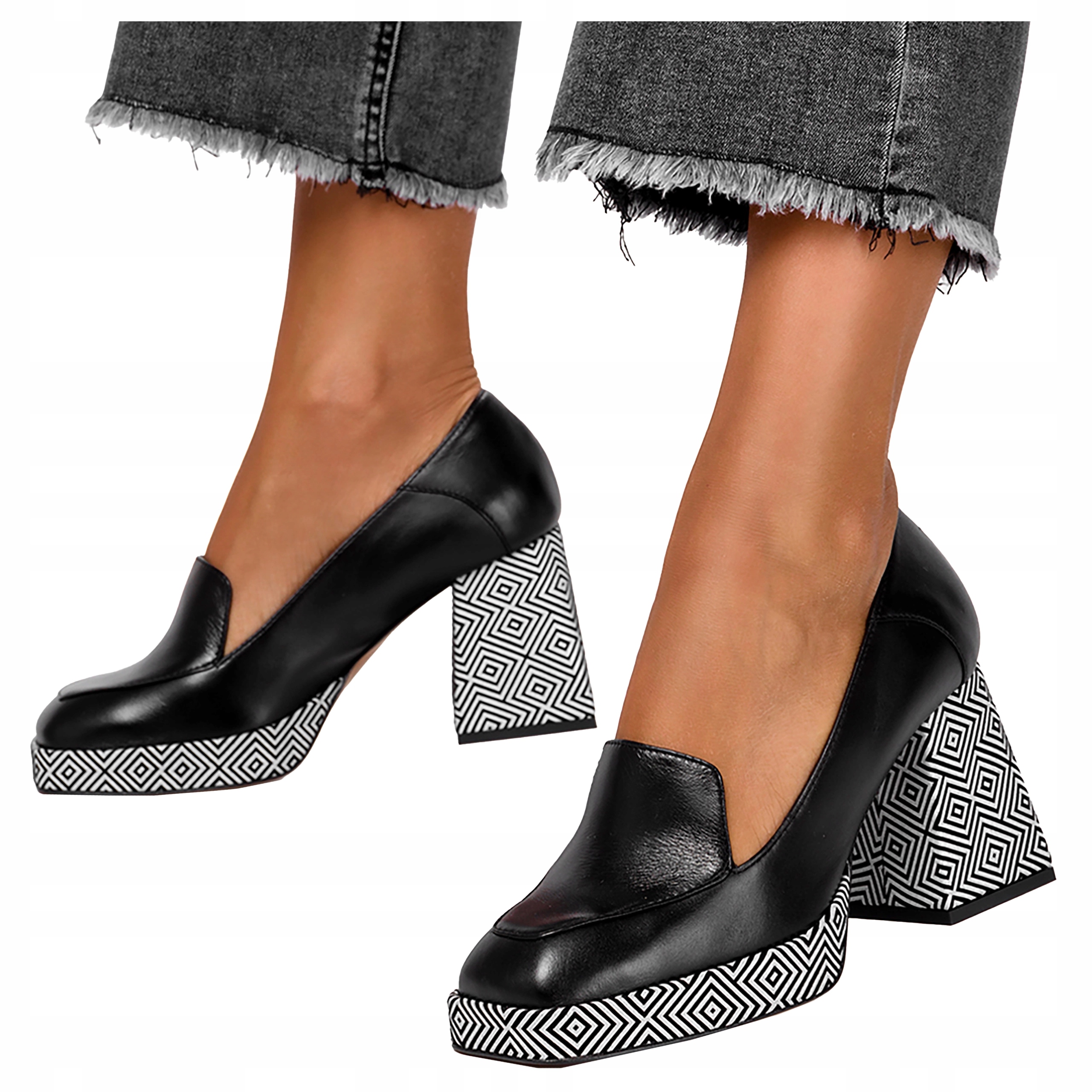 Kožené Mokasíny Dámské Černé Na Ozdobném Bloku Polský Výrobek vel 37