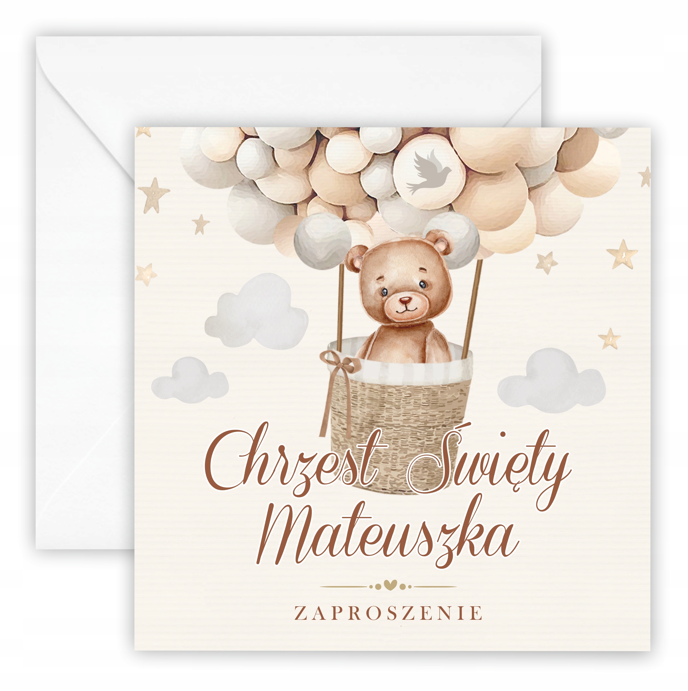 ZAPROSZENIA NA CHRZEST + IMIĘ + KOPERTA boho miś Kolor beżowy