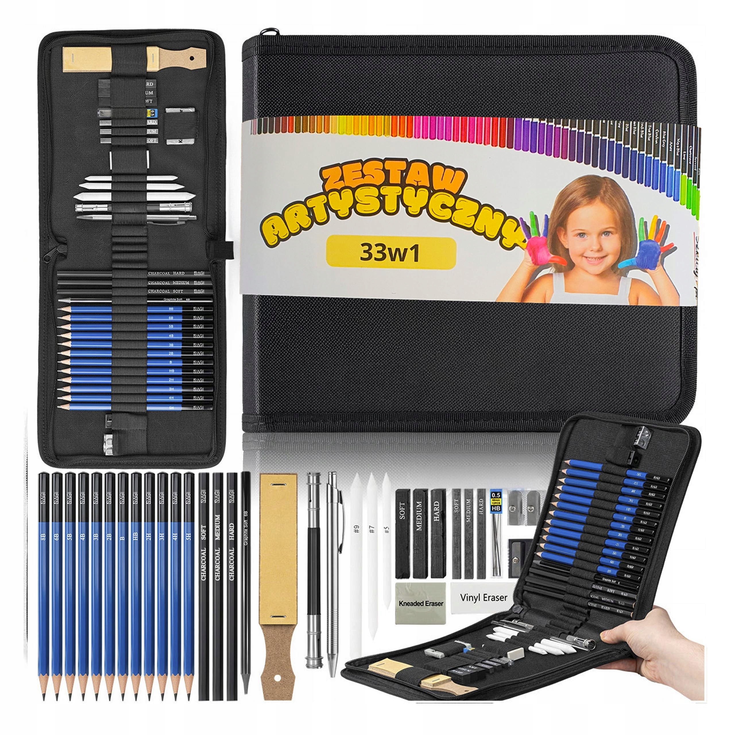 ZESTAW OŁÓWKÓW DO SZKICOWANIA RYSOWANIA PROFESJONALNY 33w1 OŁÓWKI W ETUI