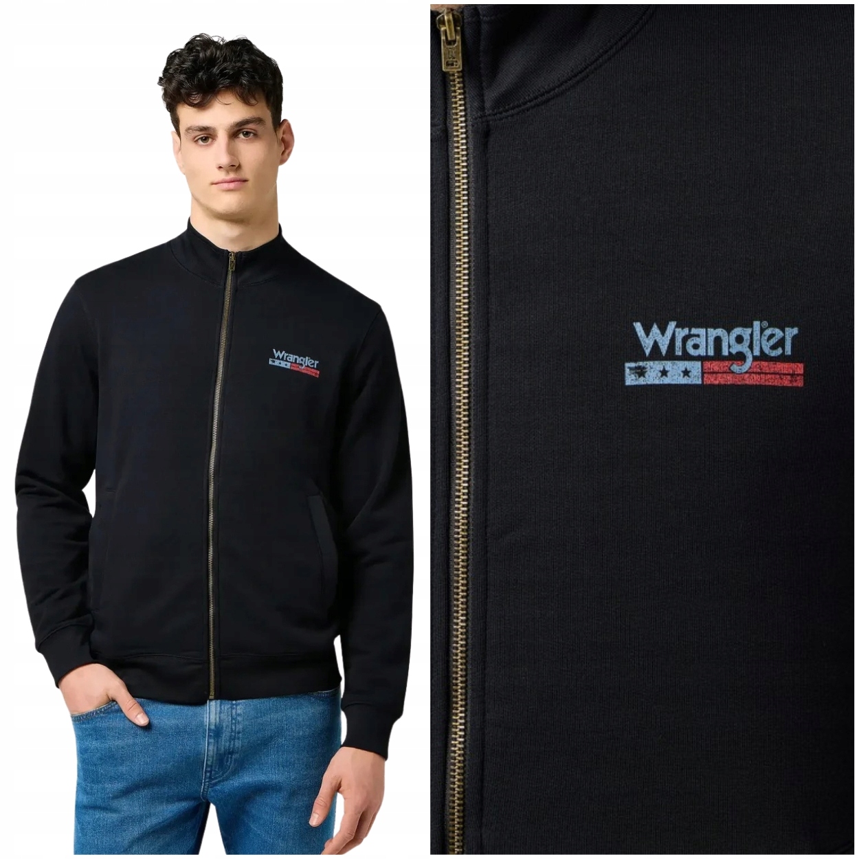 Wrangler Funnel Neck Zip Black rozepínací bavlněná mikina s malým logem L
