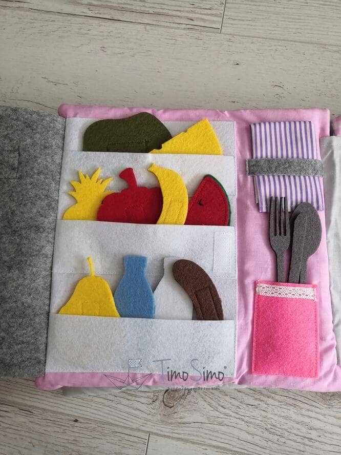 TimoSimo Książka sensoryczna dla 3 latka HANDMADE Materiał tkanina