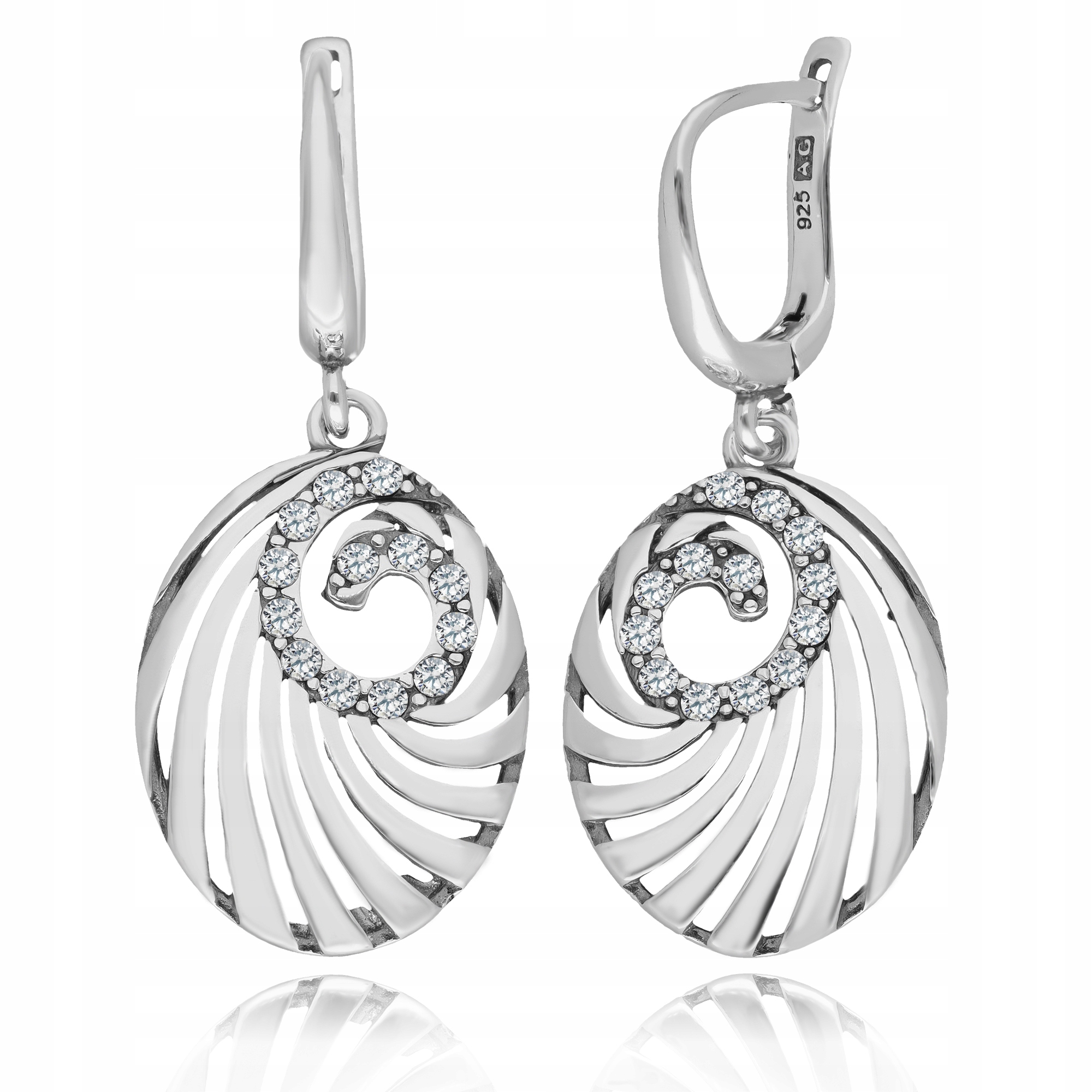 Stříbrné Náušnice Závěsné Oválné Rhodiované Se Zirkony