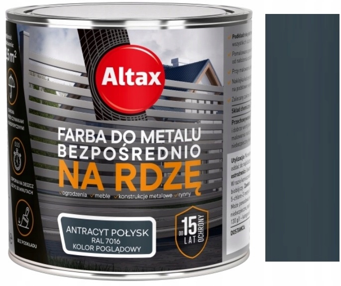 Altax Farba Do Metalu Na Rdzę Ogrodzenia Ral 7016 Antracyt Połysk 2.5L