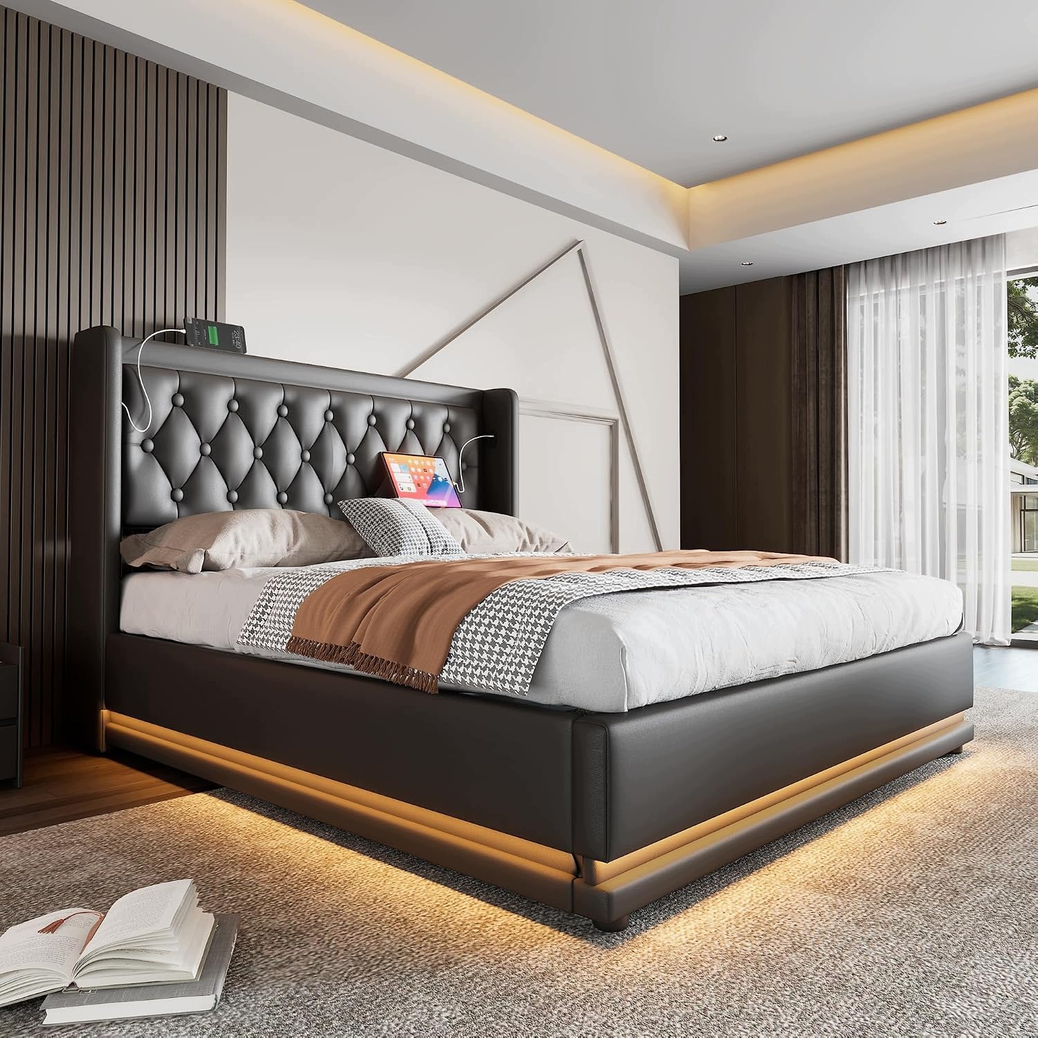 Dvojitá čalúnená posteľ 160x200 s úložným priestorom, Led osvetlenie, Usb