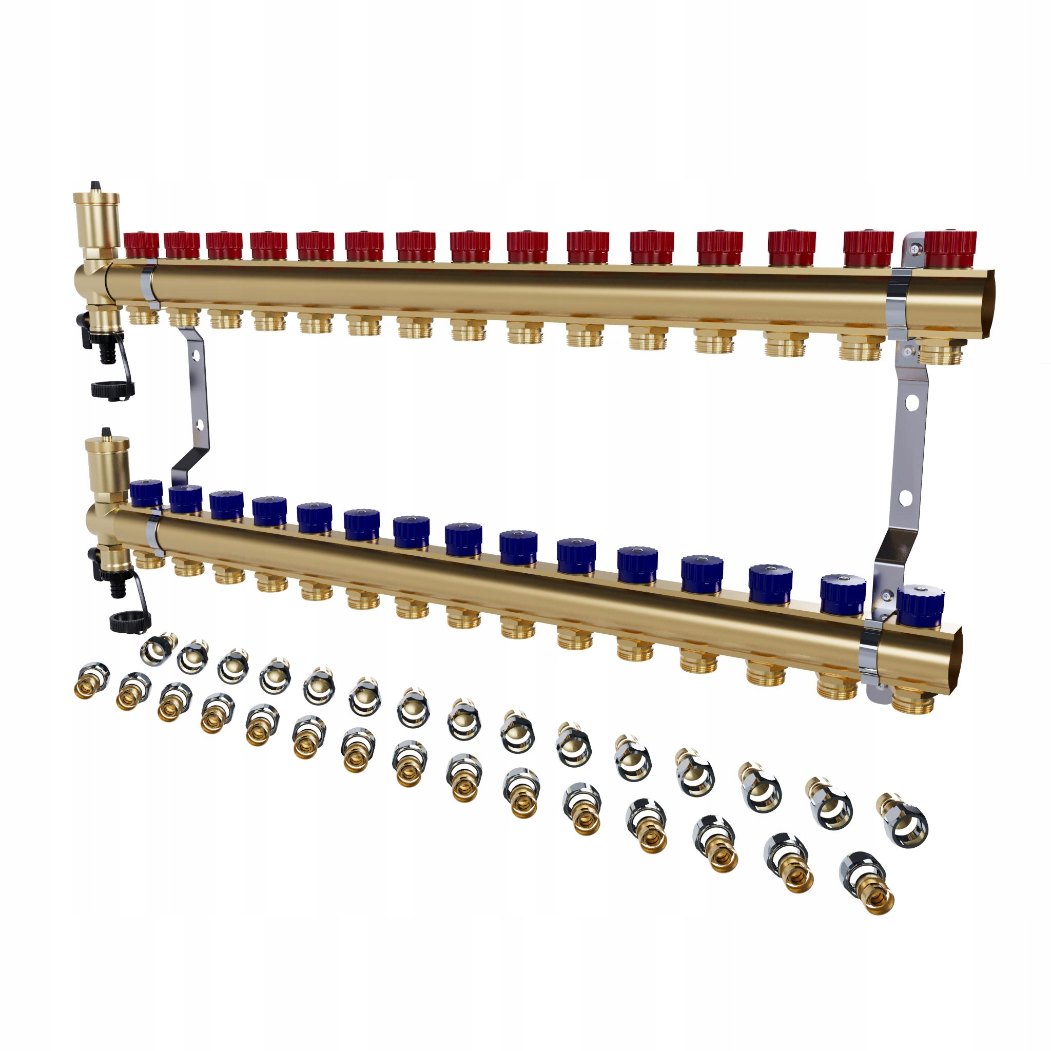 Rozdělovač mosazný 15-okruhový manuální radiátorový spojky Pex