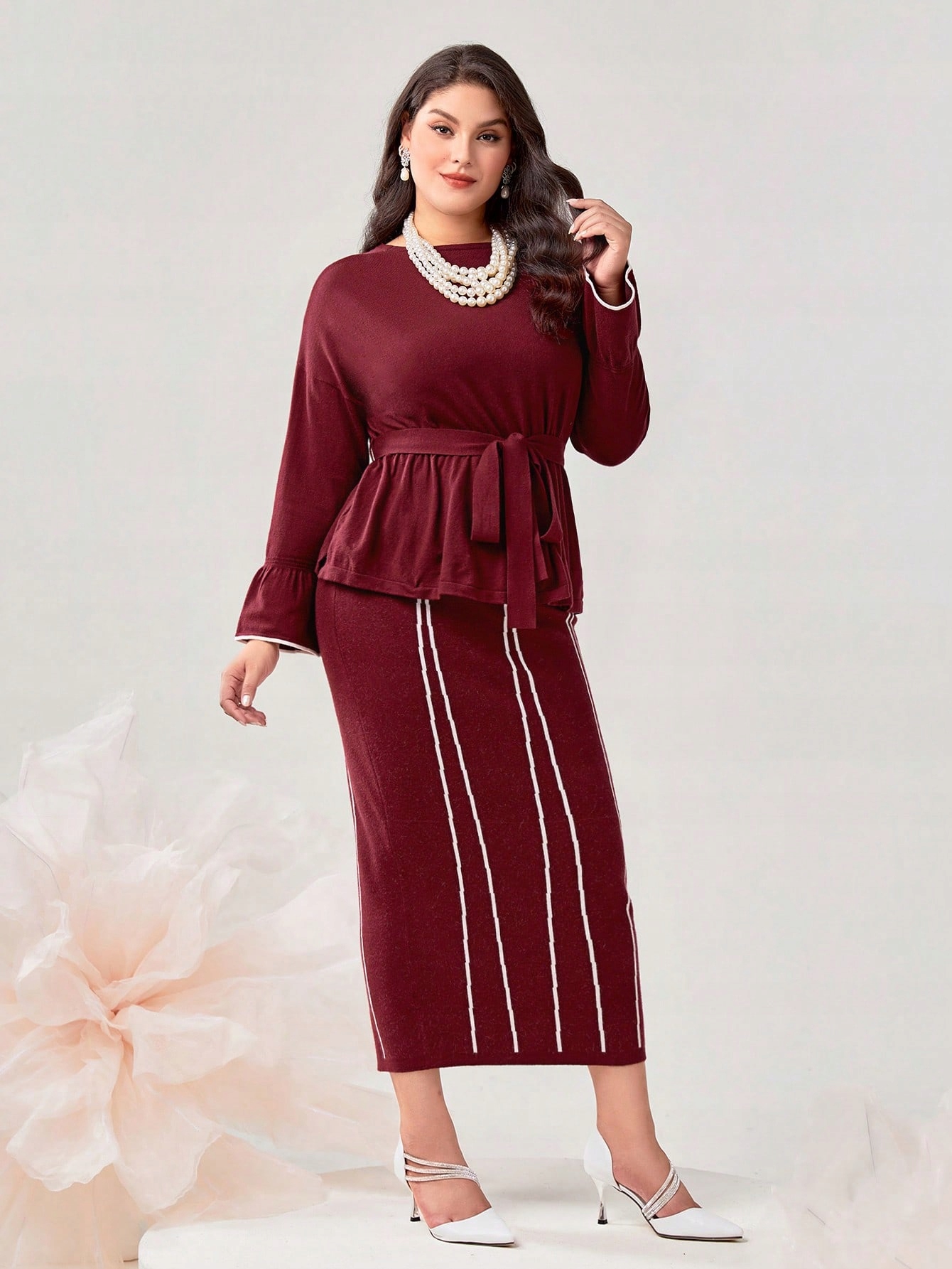 Pletený Komplet Elegantní Vínový Svetr Se Sukní Shein 3XL