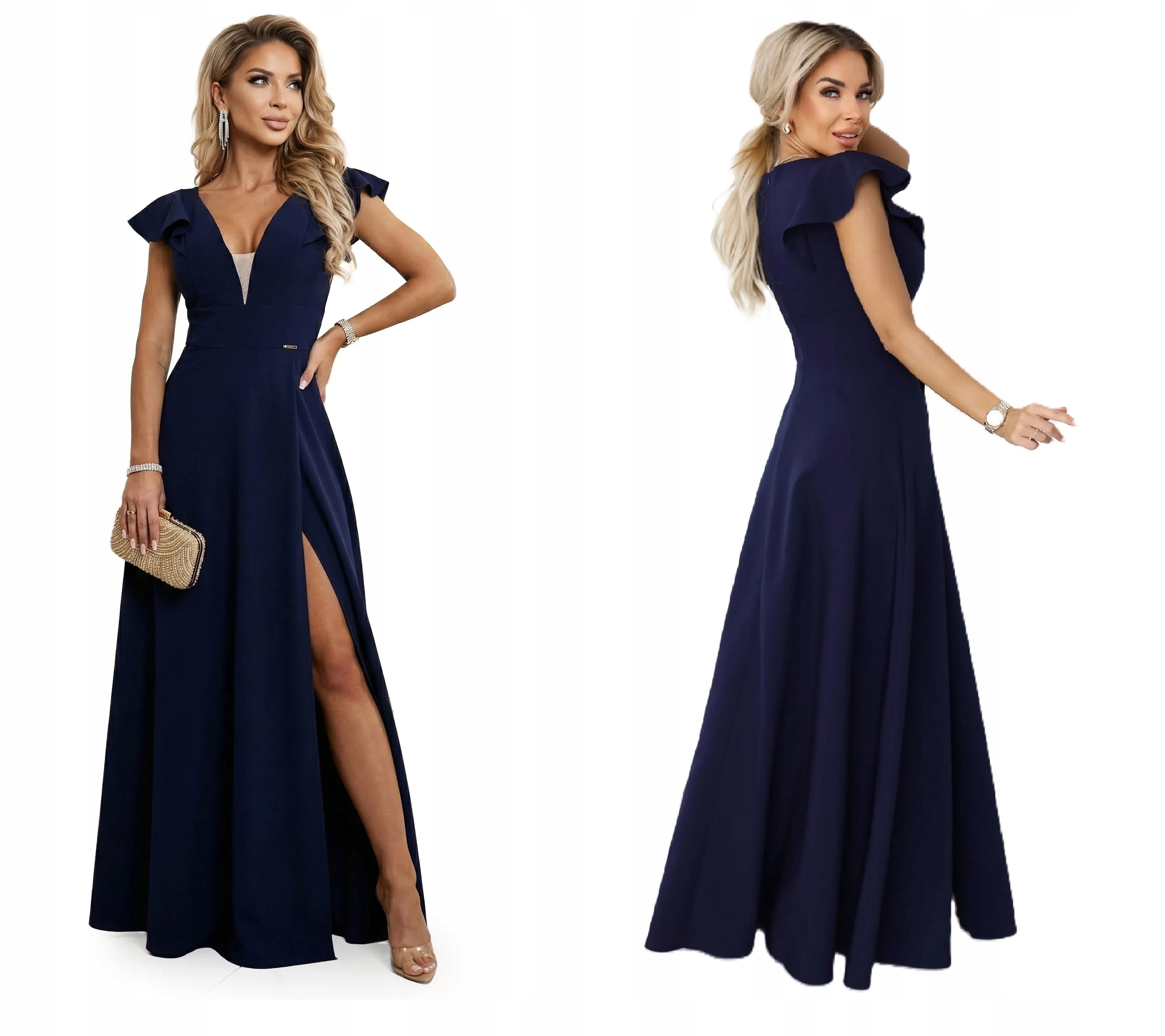 Elegantní Dlouhé Šaty S Efektním Rozparkem Na Noze, Tmavě Modrá Barva