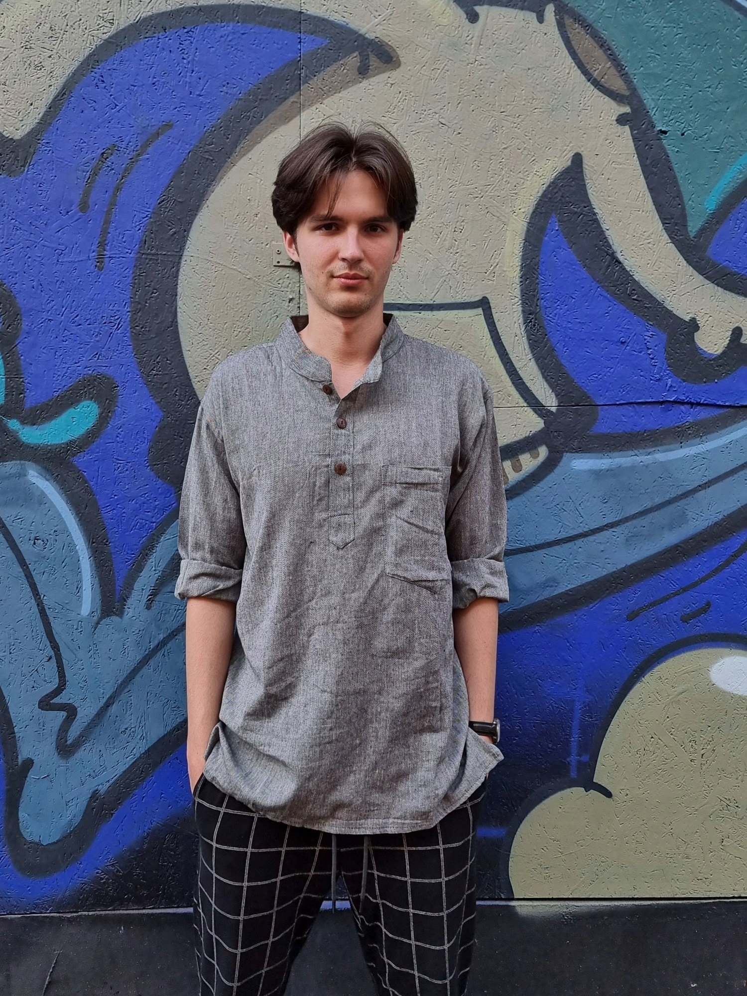 Nepálská bavlněná košile s dlouhým rukávem Šedá XXXL