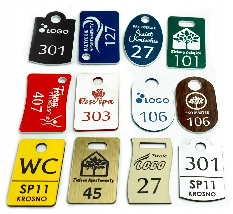 BRELOKI do kluczy hotelu szatni NUMERKI grawer LOGO 6x3 10 szt różne kolory