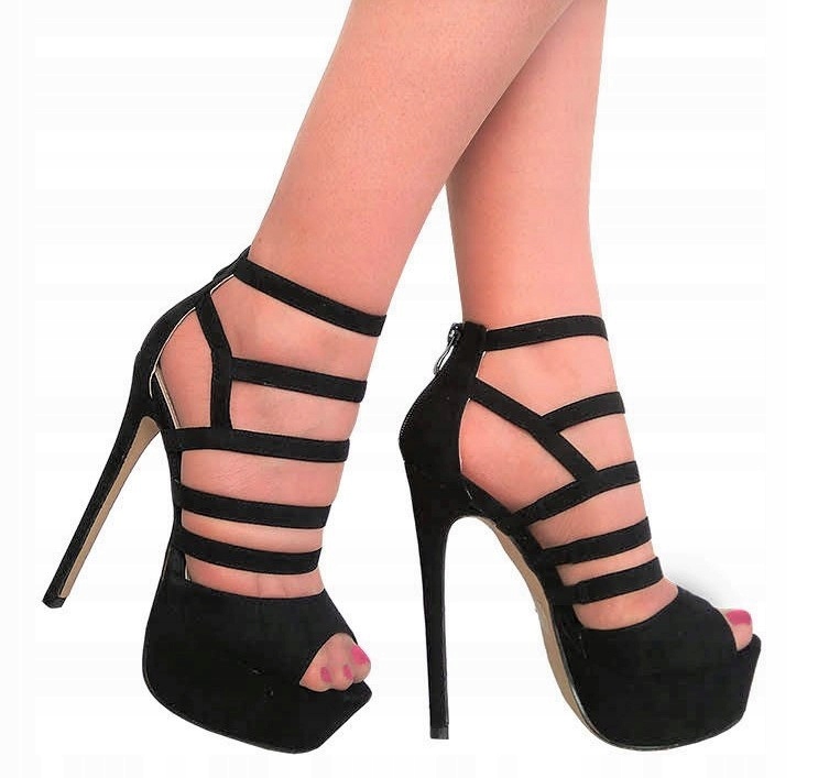 CZARNE BUTY SANDAŁY NA PLATFORMIE SZPILKI GLADIATORKI PASKI ZAMSZ 39