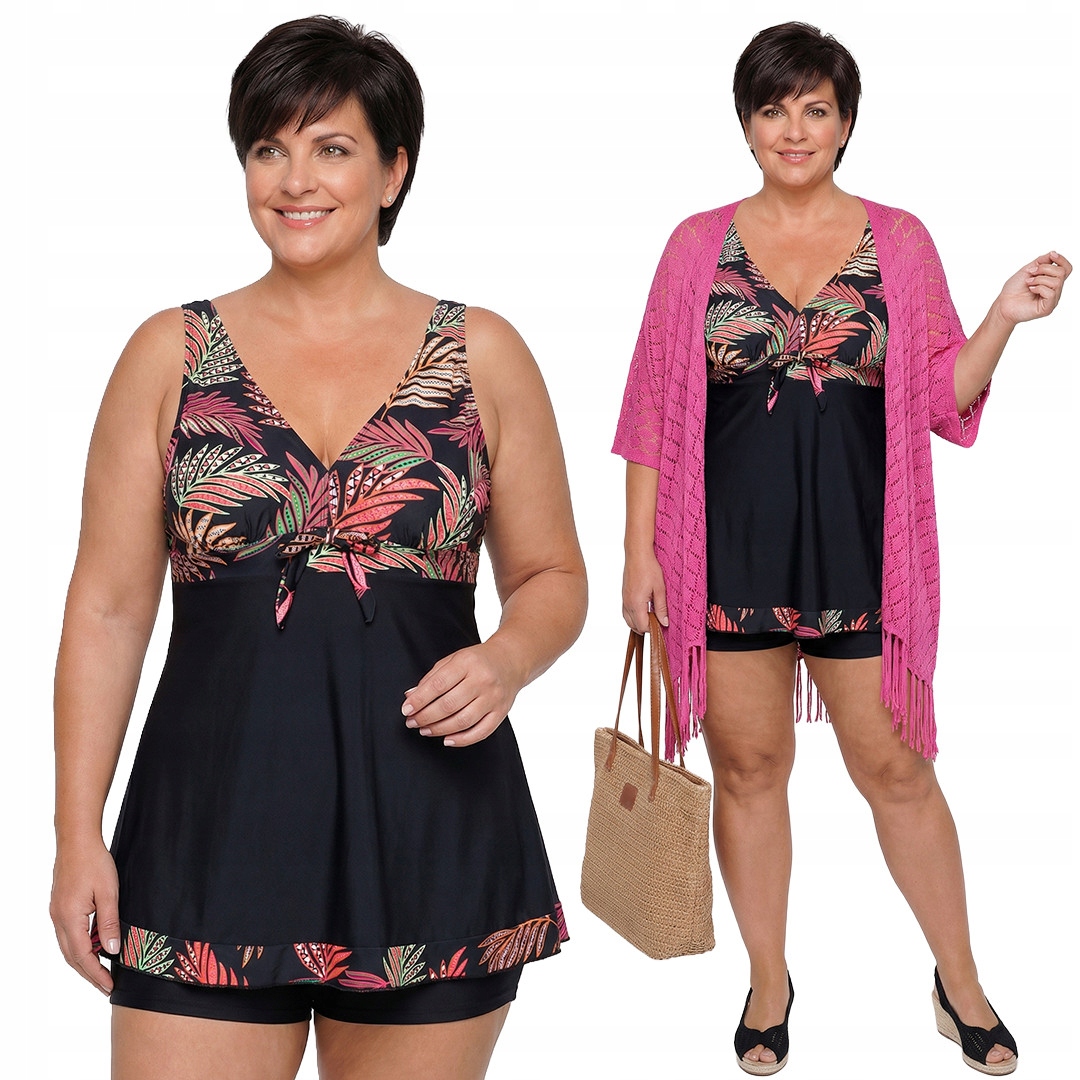 Černé plavky růžové s tropickými vzory plus size velikost 58