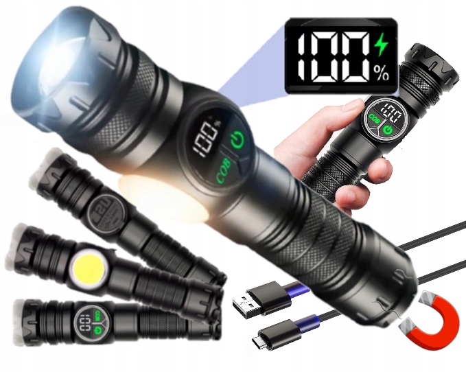 Výkonná Taktická Svítilna Reflektor Akumulátor Multifunkční Led Zoom Magnet