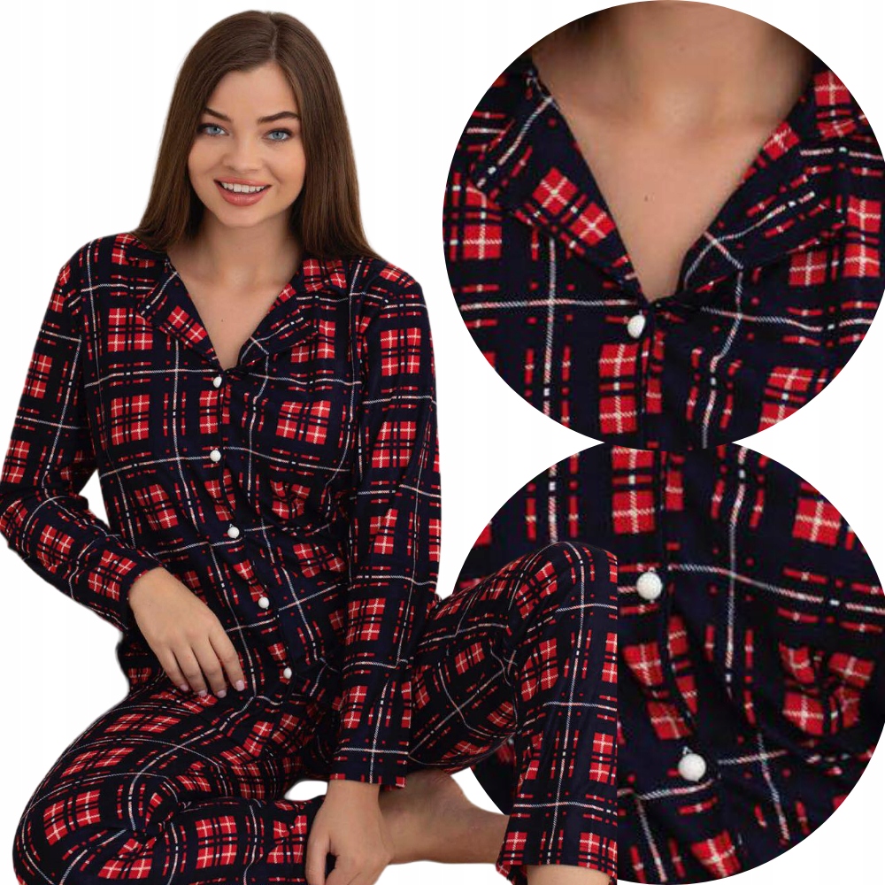 Piżama Damska Dwuczęściowa Bawełniane Cała Rozpinana Długi Rękaw Spodnie