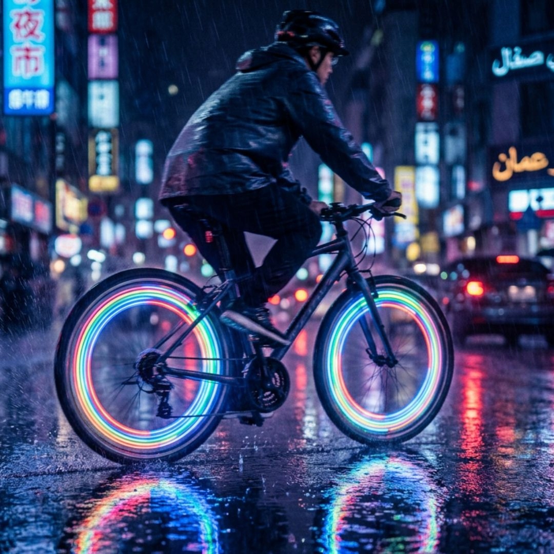 LAMPKA ROWEROWA LED NAKŁADKA NA KOŁO ROWEROWE ŚWIECĄCA W NOCY DO ROWERU 1X Waga 400 g