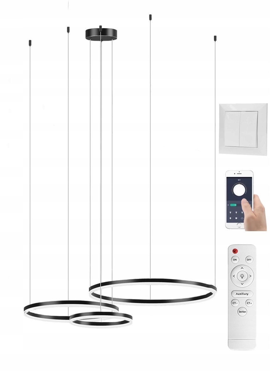 Lampa Ringi Czarna 80 60 40CM 108W Bluetooth Pamięć Darmat Light 410