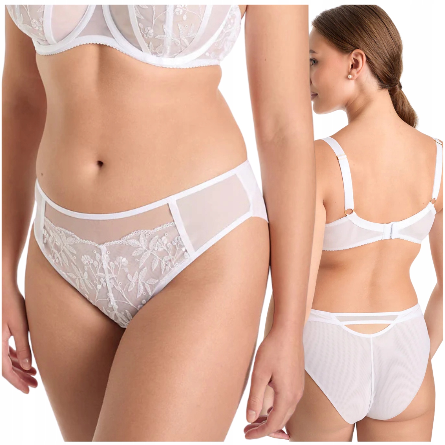 Dámské tangové kalhotky kalhotky ze síťoviny s krajkou, bílé, Ewa Bień, Fiora C511, velikost M