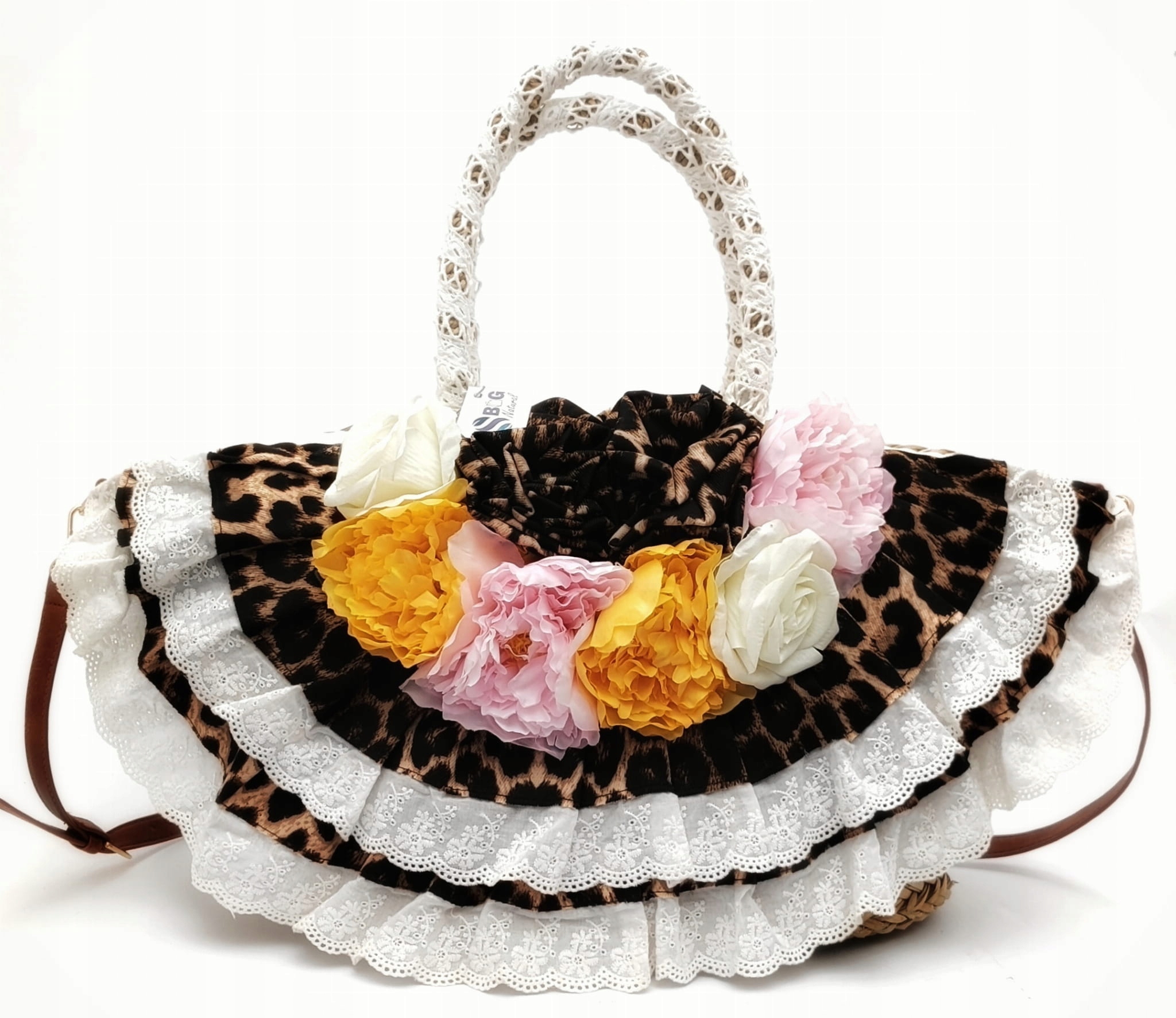 Taška Košík XXL Pletená z mořské trávy A4 Falbany Květiny Veganská