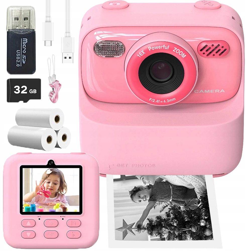 Instantní Fotoaparát Dětská Tiskárna Jako Dárek 32G Karet, 3 Role