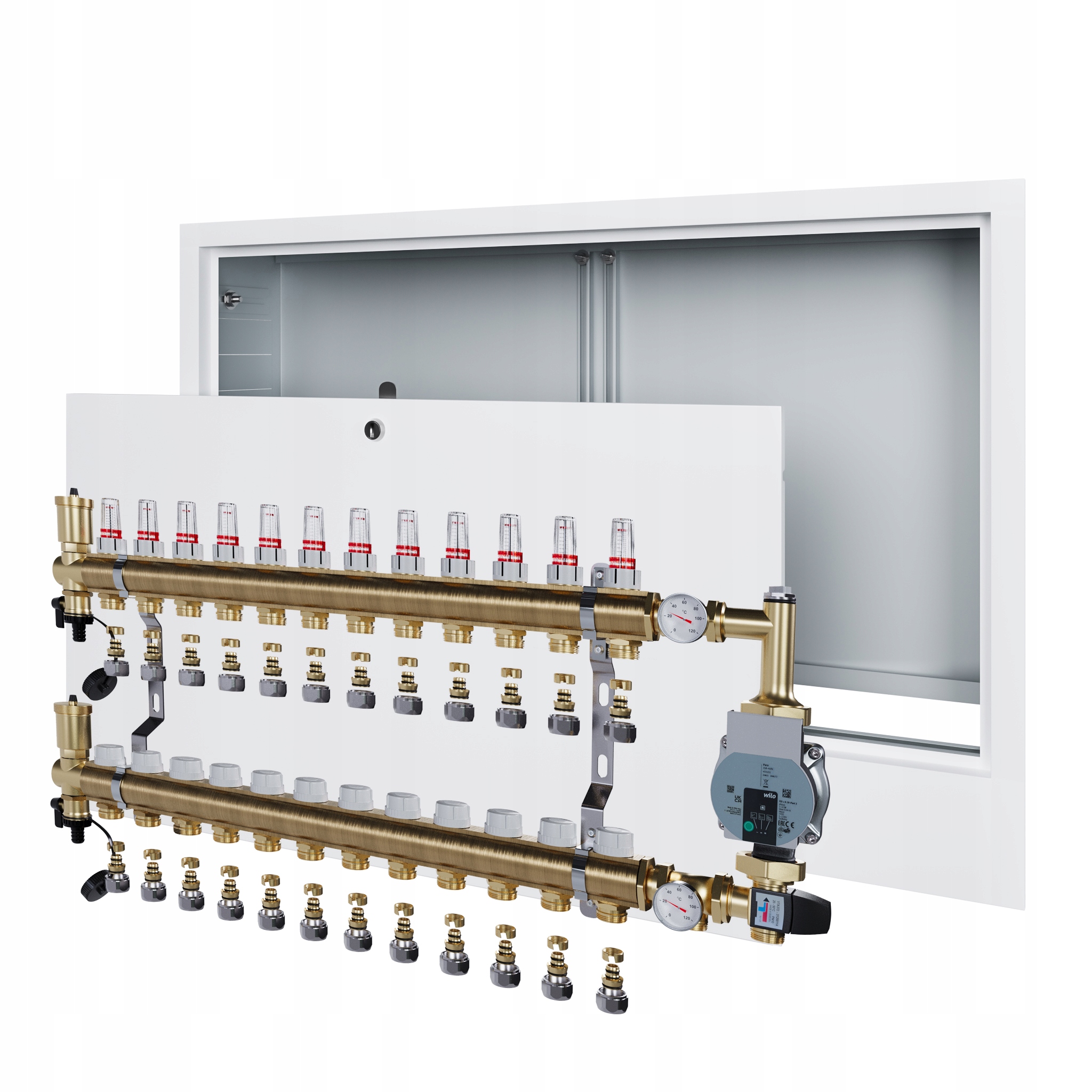 Rozdělovač pro podlahovku 12 s čerpadlem Wilo a podomítkovou skříňkou Pex