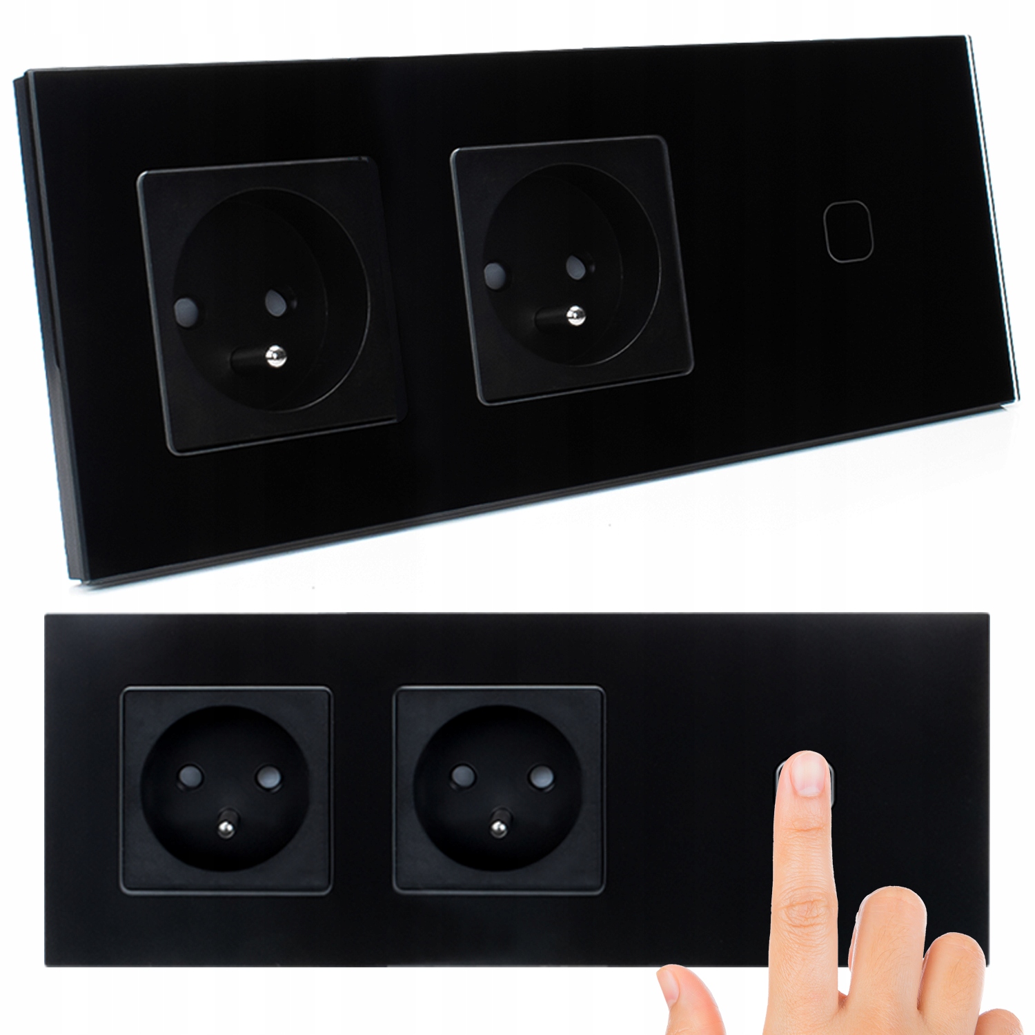 2x Elektrická Zásuvka Dvojitá černá s vypínačem Skleněný Led panel