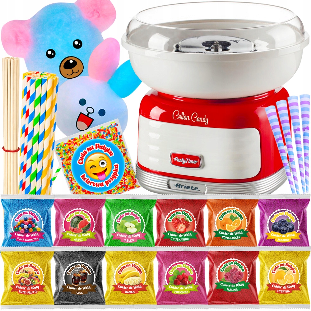 Strojek na cukrovou vatu tyčinky cukr barevný na vatu 12x100 g