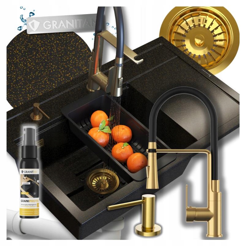 Granitový drez jednokomorový Rendo Set 6v1 Zlatý Batéria Vegas Sifón