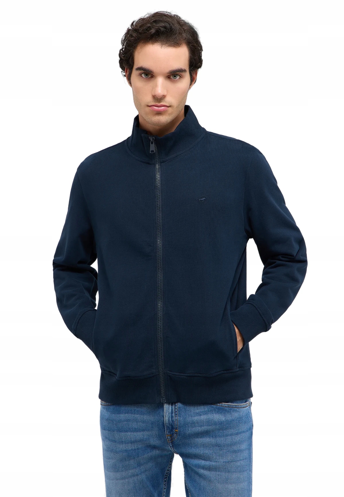 Pánská Tmavě Modrá Mikina Na Stojáčku S Rozepínací Bavlnou Bez Vzoru Mustang S