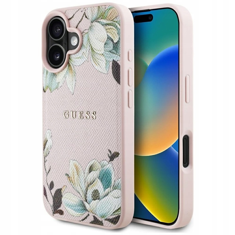 Guess Grained Printed Flower Pattern MagSafe – Pouzdro pro iPhone 16 (růžové)