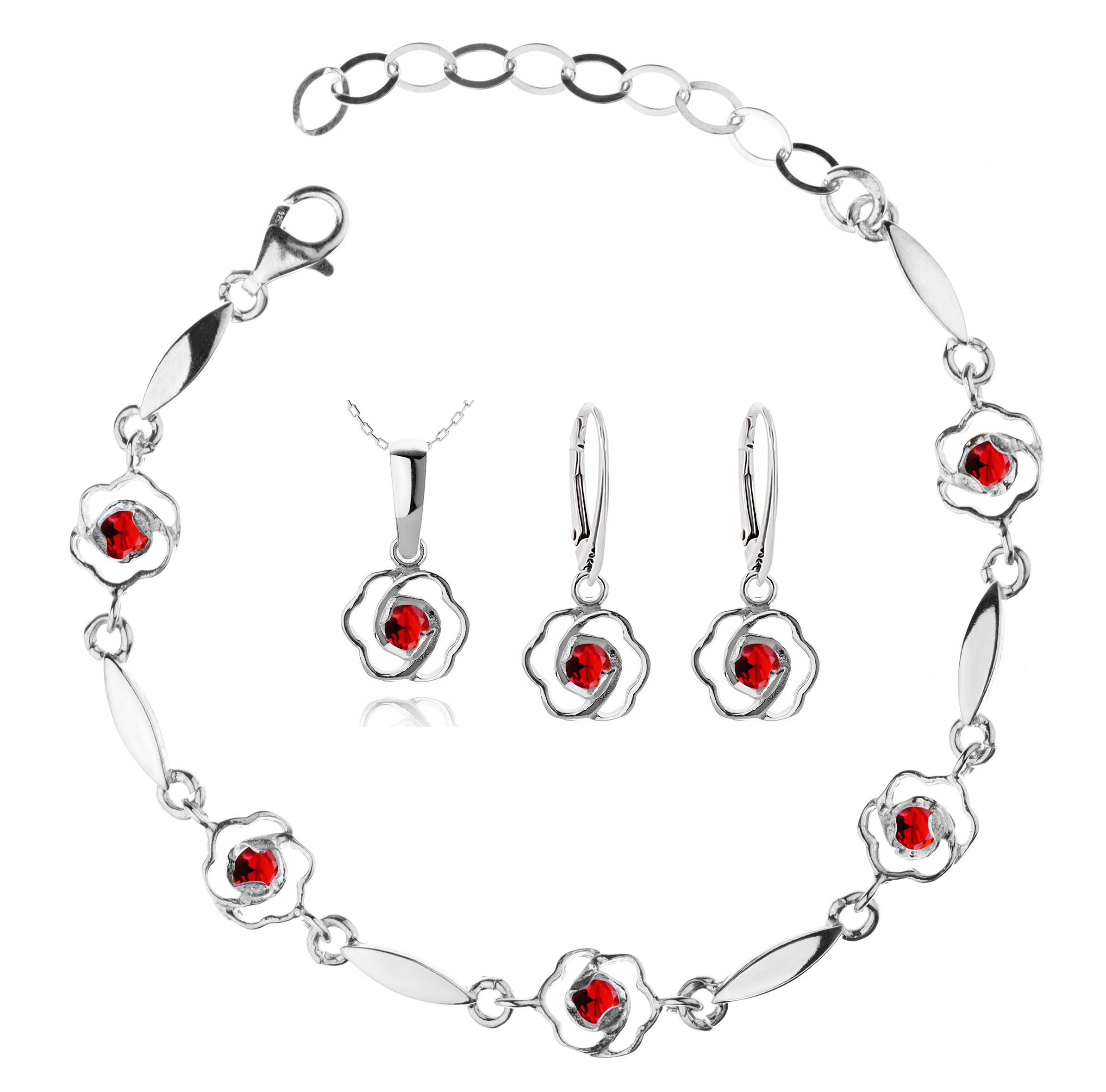 

Komplet Biżuterii Kwiatki Z Czerwonymi Cyrkoniami