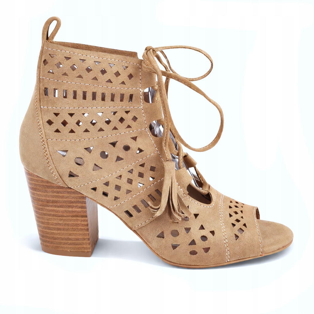 Ażurowe Wiązane Botki Damskie Na Obcasie Boho 36