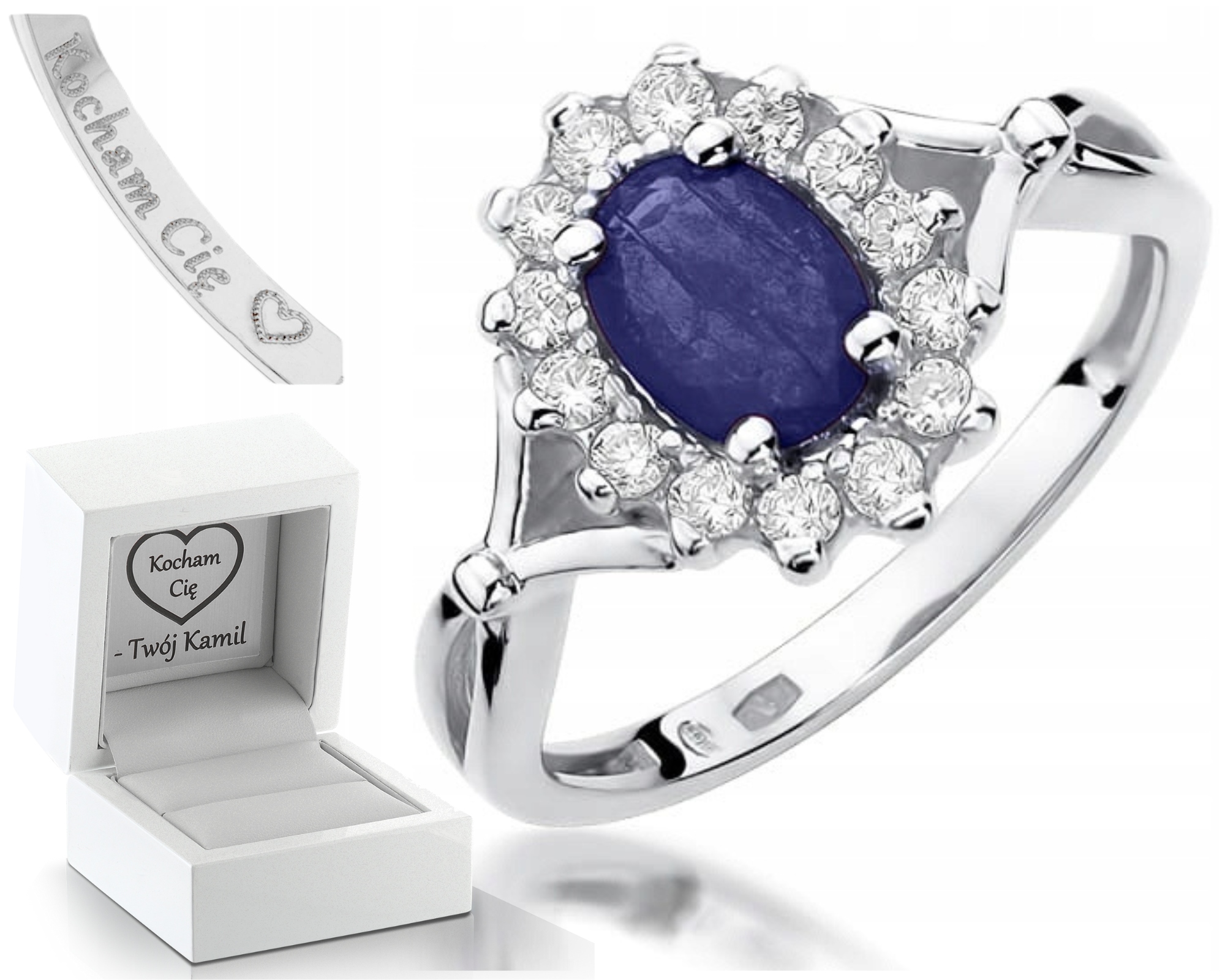 Prstýnek S Briliantovým Safírem Bílé Zlato Gravírování