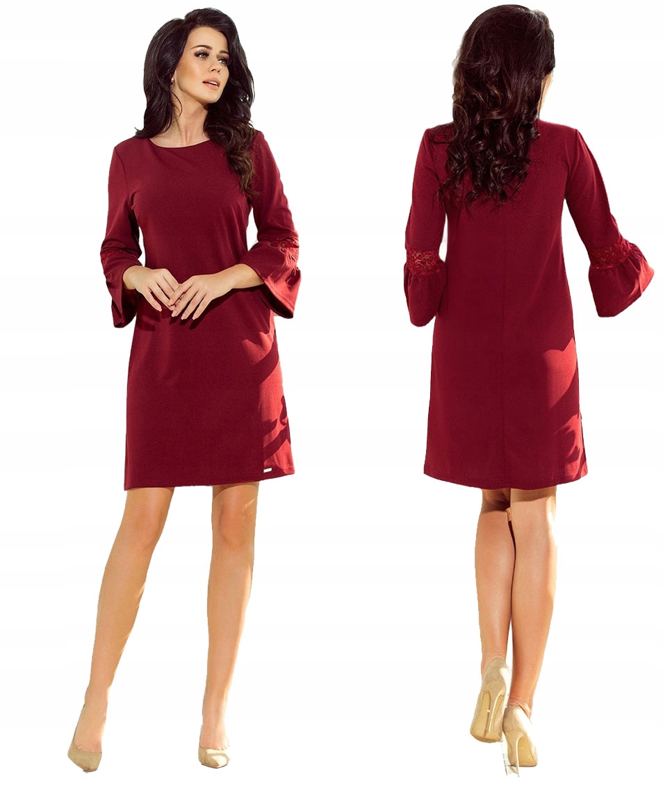 Roztomilé Volné Šaty S Ozdobnou Krajkou Na 3/4 Rukávech, Bordó Barva