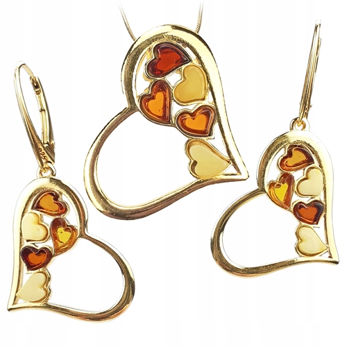 Zlatý Komplet srdíčko z baltského Jantaru ze Stříbra dárek Na Velikonoce