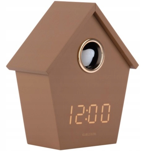 Nástenný hnedý budík s vtáčikom a digitálnym budíkom Riqueza Cuckoo Led