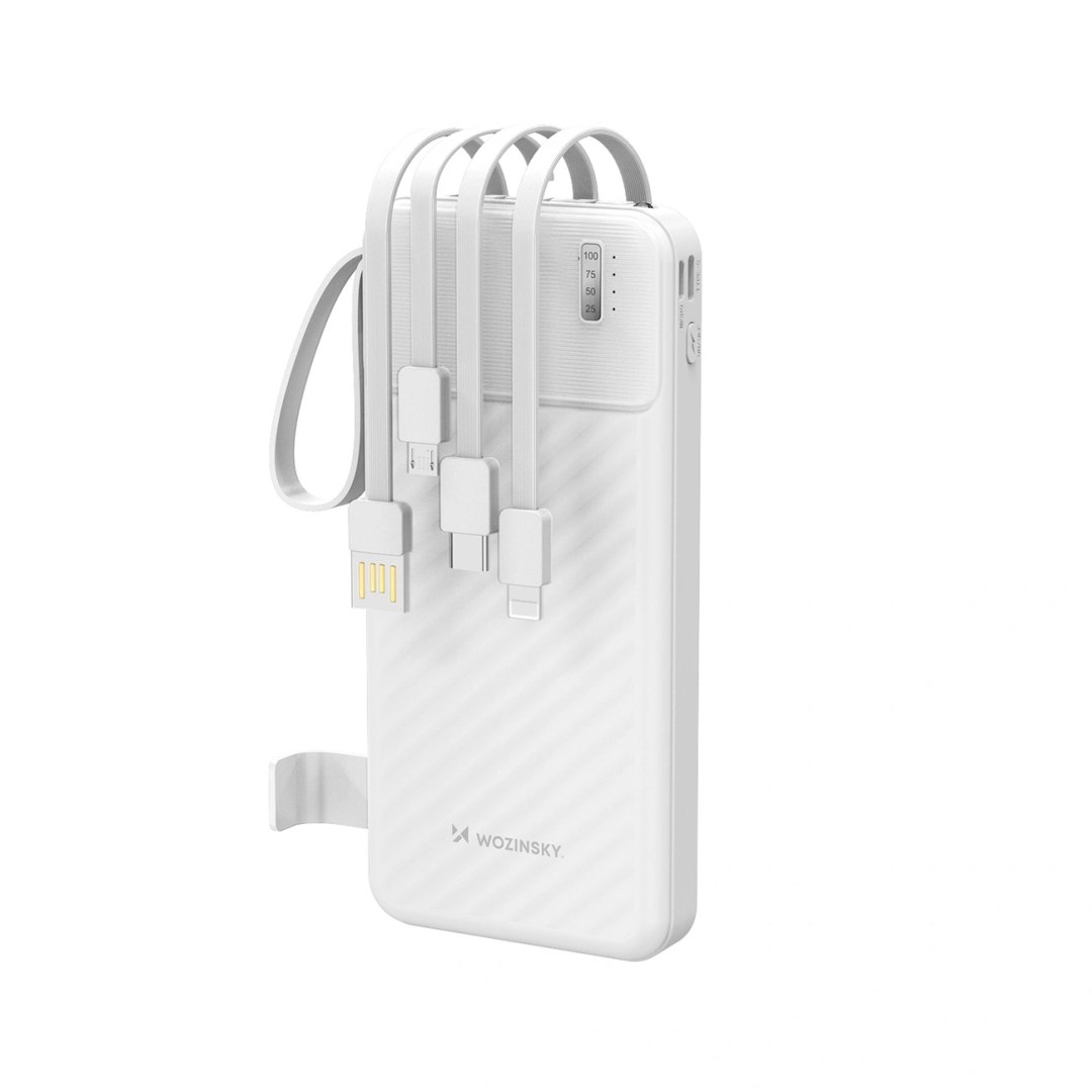 Powerbank Wozinsky W11-W 10000mAh 10W z wbudowanymi kablami i latarką bia