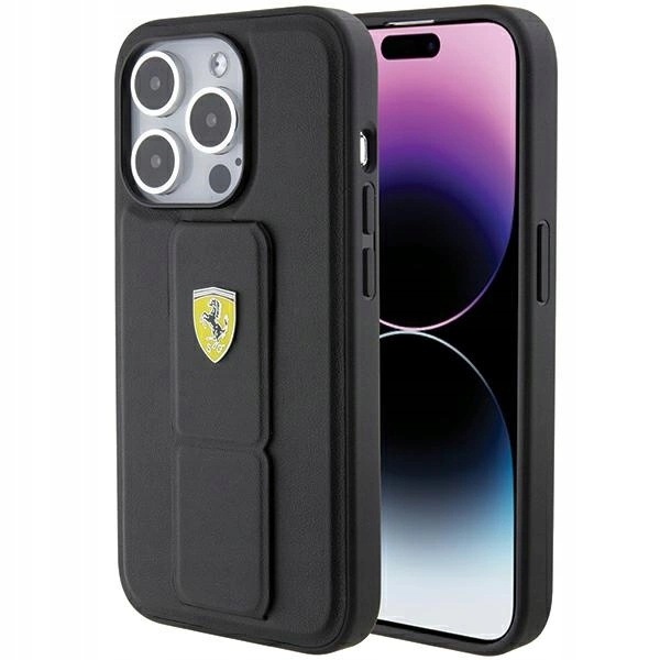 Etui Ferrari Grip Stand Metal Logo na iPhone 15 Pro czarne