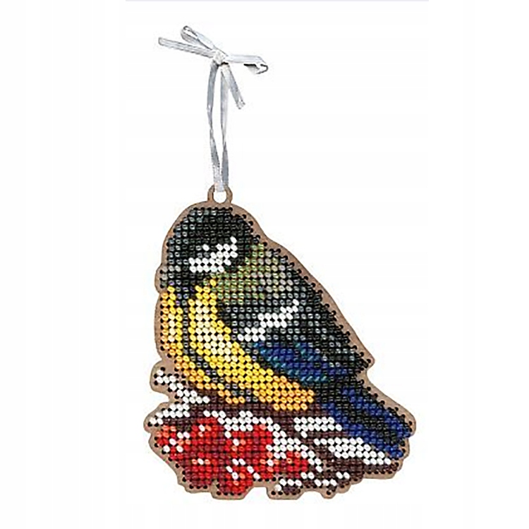 Korálková výšivka Vyšívací sada na překližce Přívěsek Sýkorka