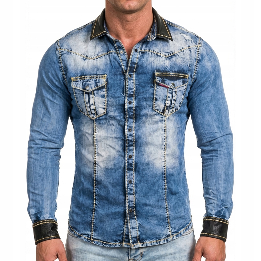Džínová košile Cipo Baxx Přetíratelná, vypasovaná Slim kůže, silná nit