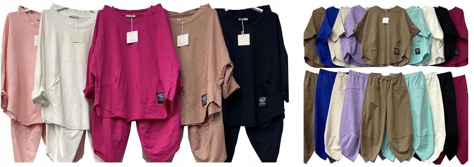 ELEGANCKI WŁOSKI KOMPLET BAWEŁNIANY BLUZA SPODNIE DRESOWY OVERSIZE 2XL