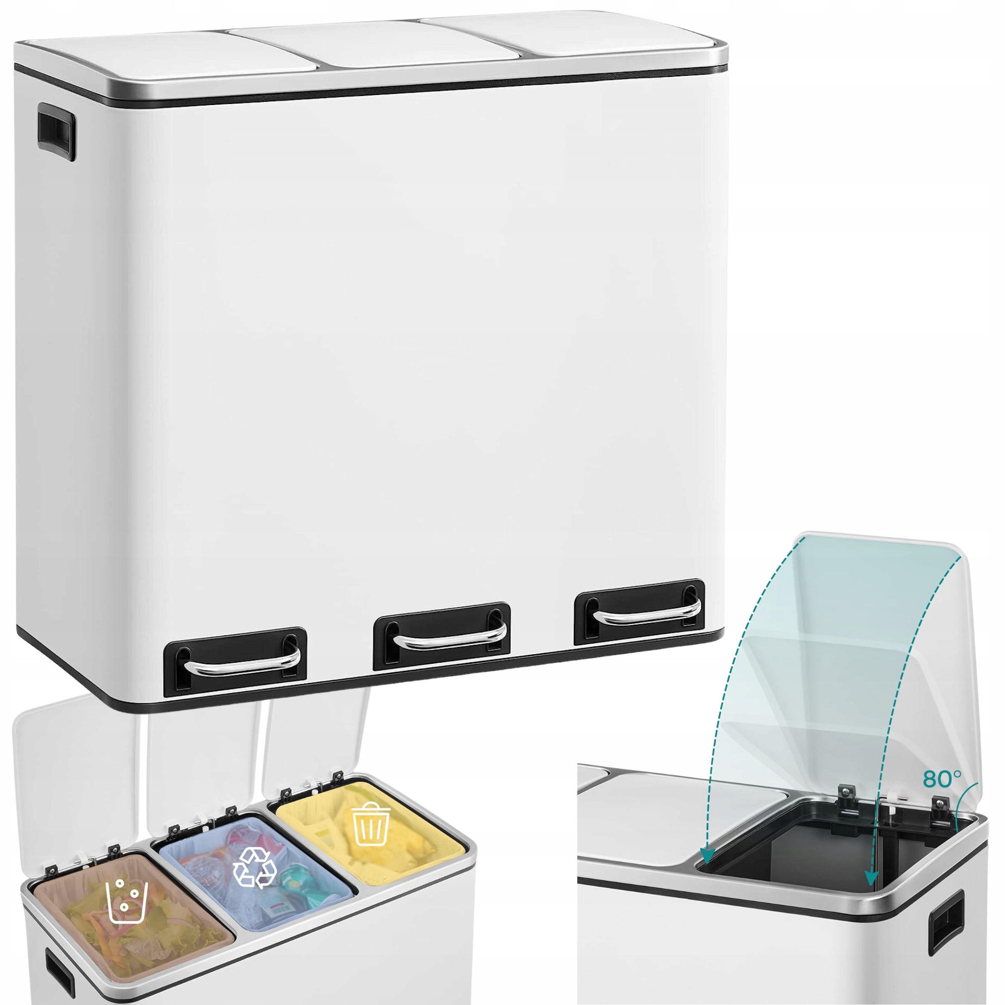 Levně odpadkový koš do kuchyně 54L Kovový 3 Komory na tříděný odpad Prostorný bílý