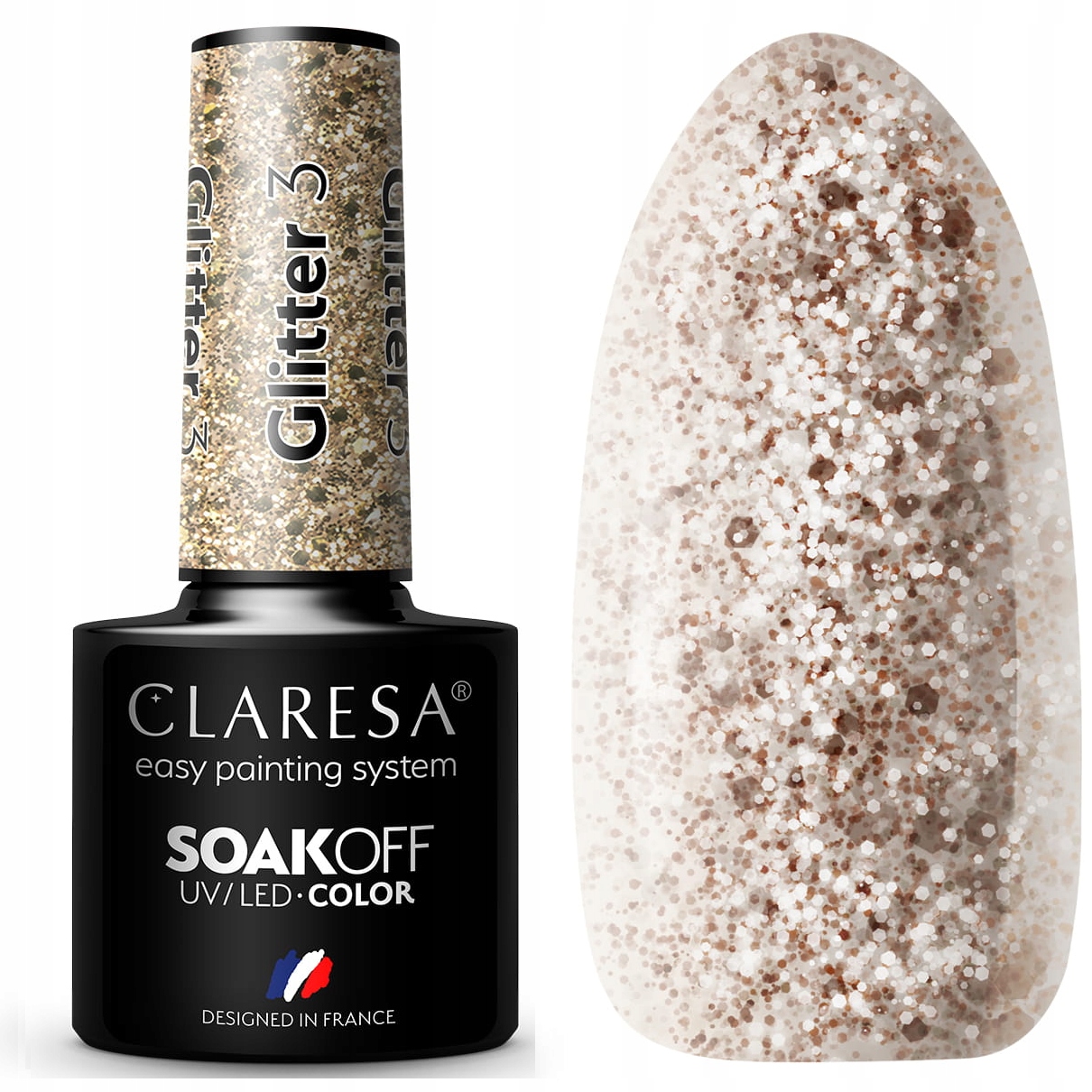 Claresa Lakier Hybrydowy do paznokci GLITTER 3 złoty brokatowy