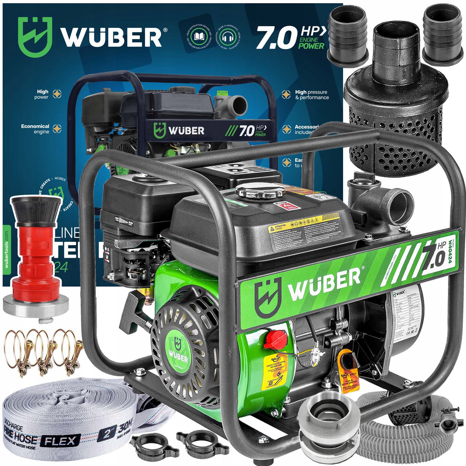 Motopompa Do Wody 7KM Wuber+wąż Strażacki 30M+WĄŻ Ssawny 4M+FASTFIX Zestaw