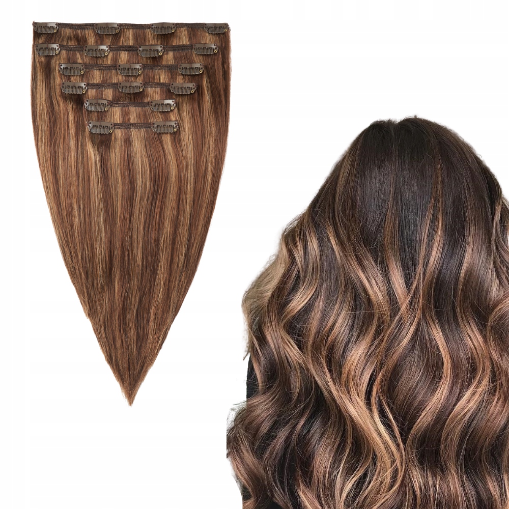 Włosy Clip In 100% naturalne 30 cm 6 taśm 100g #4/8 brąz muśnięty słońcem