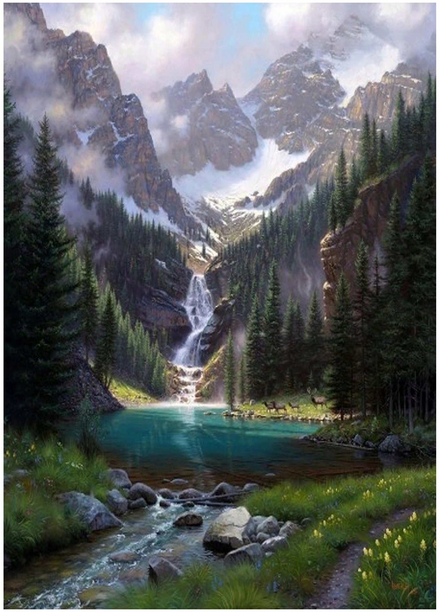 malování podle čísel hory vodopád obraz s rámem 40x50 Štětce háčky barvy