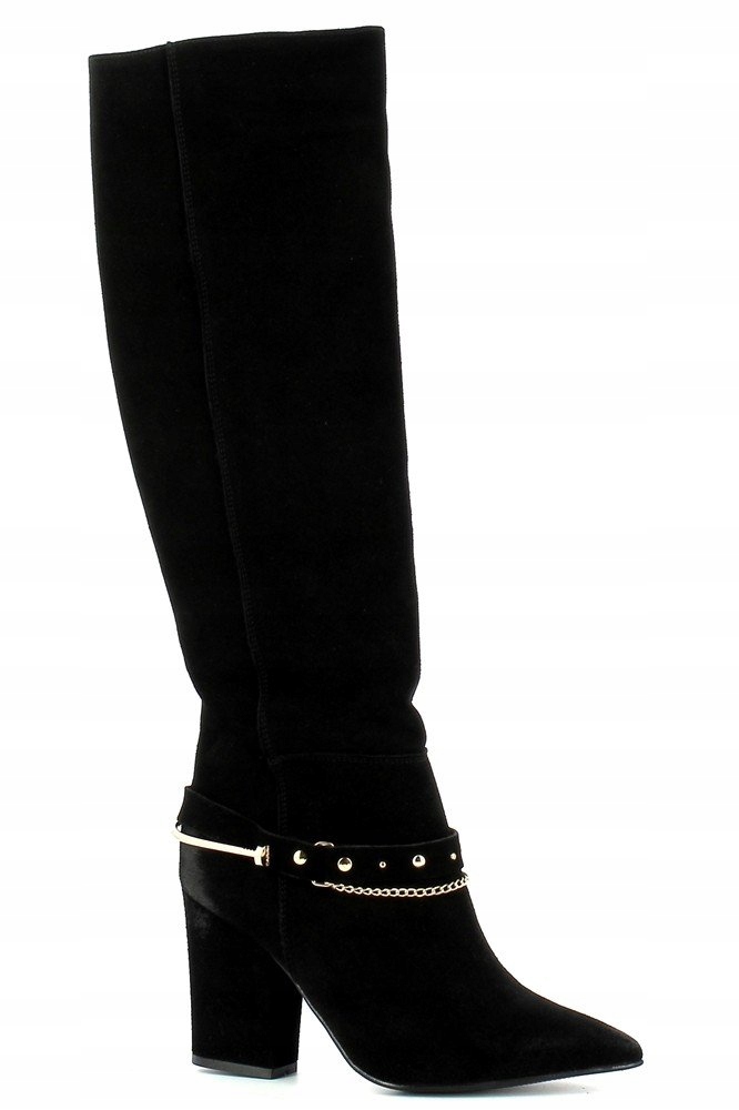 Dámské kozačky černé kovbojské boty na podpatku, zlaté ozdoby Carinii 38