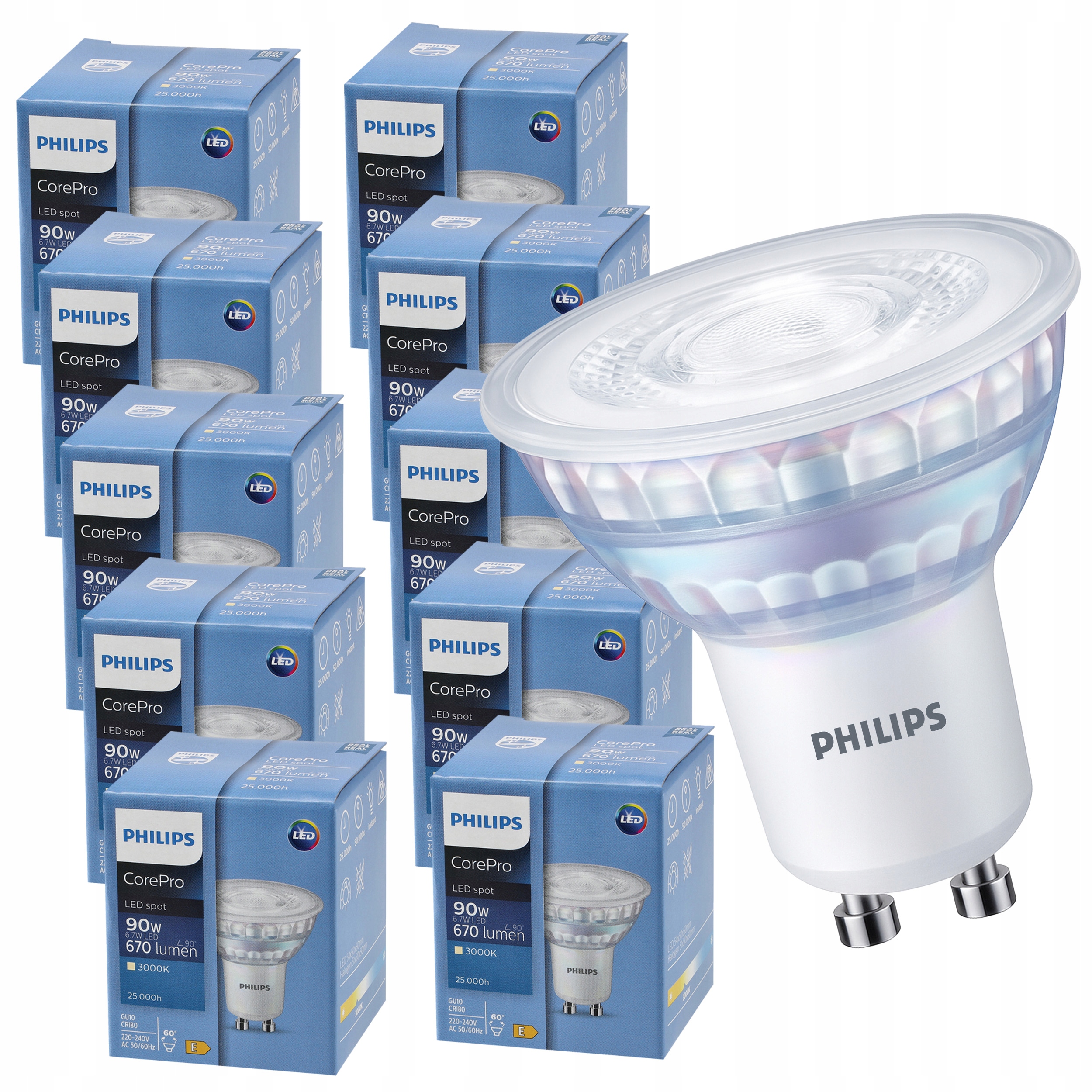 Led žiarovka GU10 Philips 6,7W 90W 670lm Teplá 3000k 60° Silná Sada 10x