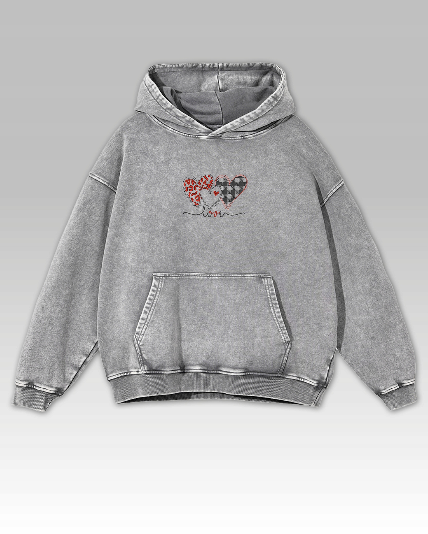 Valentýnská Oversize mikina Srdce plné lásky, popelavý výšivkový vzor XL