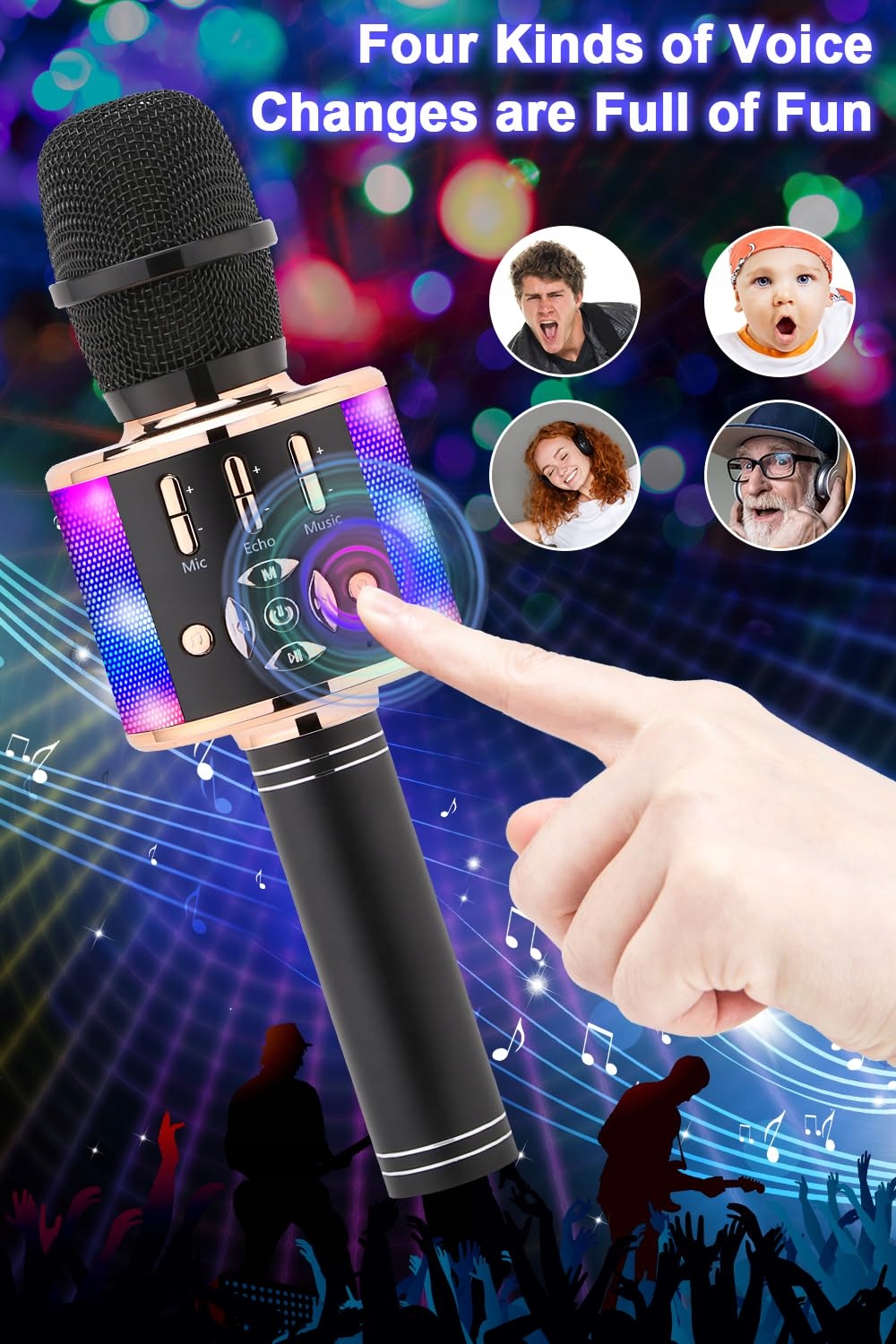 BONAOK Mikrofon Dla Dzieci Bezprzewodowy Karaoke Bluetooth 4w1 Czarnozłoty — miniatura 4