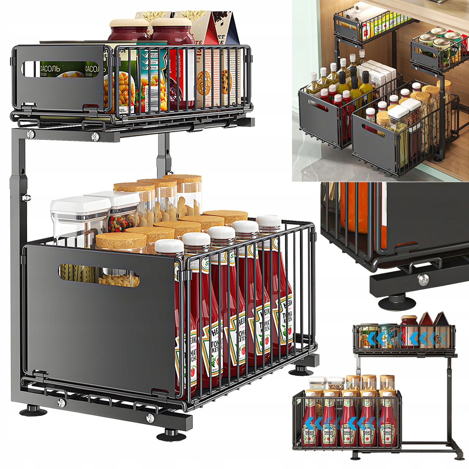 Kuchyňský organizér do skříňky s nastavitelnou výškou – dvouúrovňová police